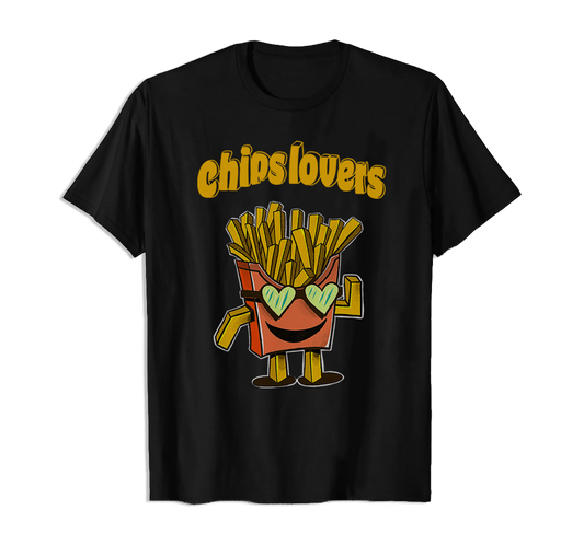 T-shirt preta "Chips lovers" unissexo 190g, algodão, decote redondo