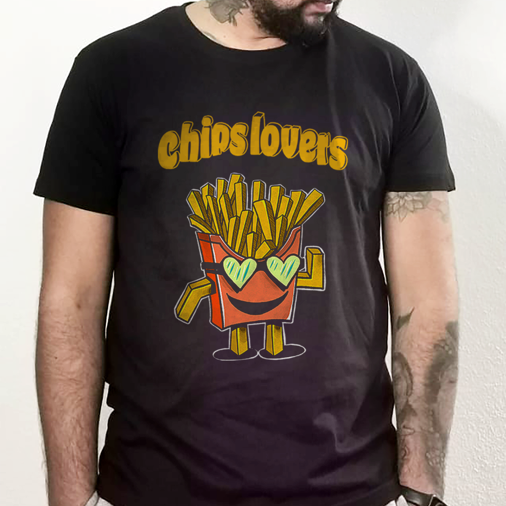 T-shirt preta "Chips lovers" unissexo 190g, algodão, decote redondo