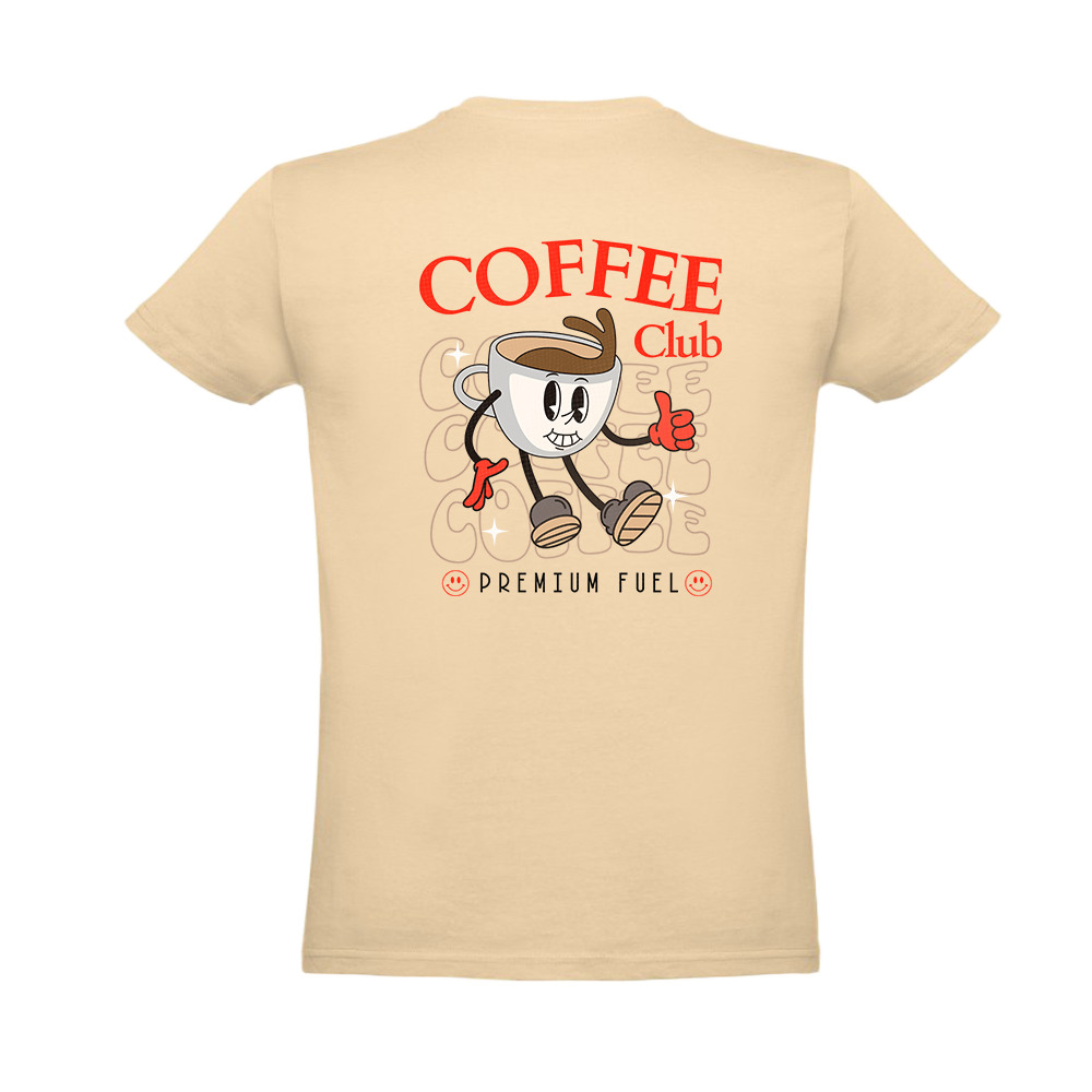 T-shirt creme "coffee club" unissexo 190g, algodão, decote redondo