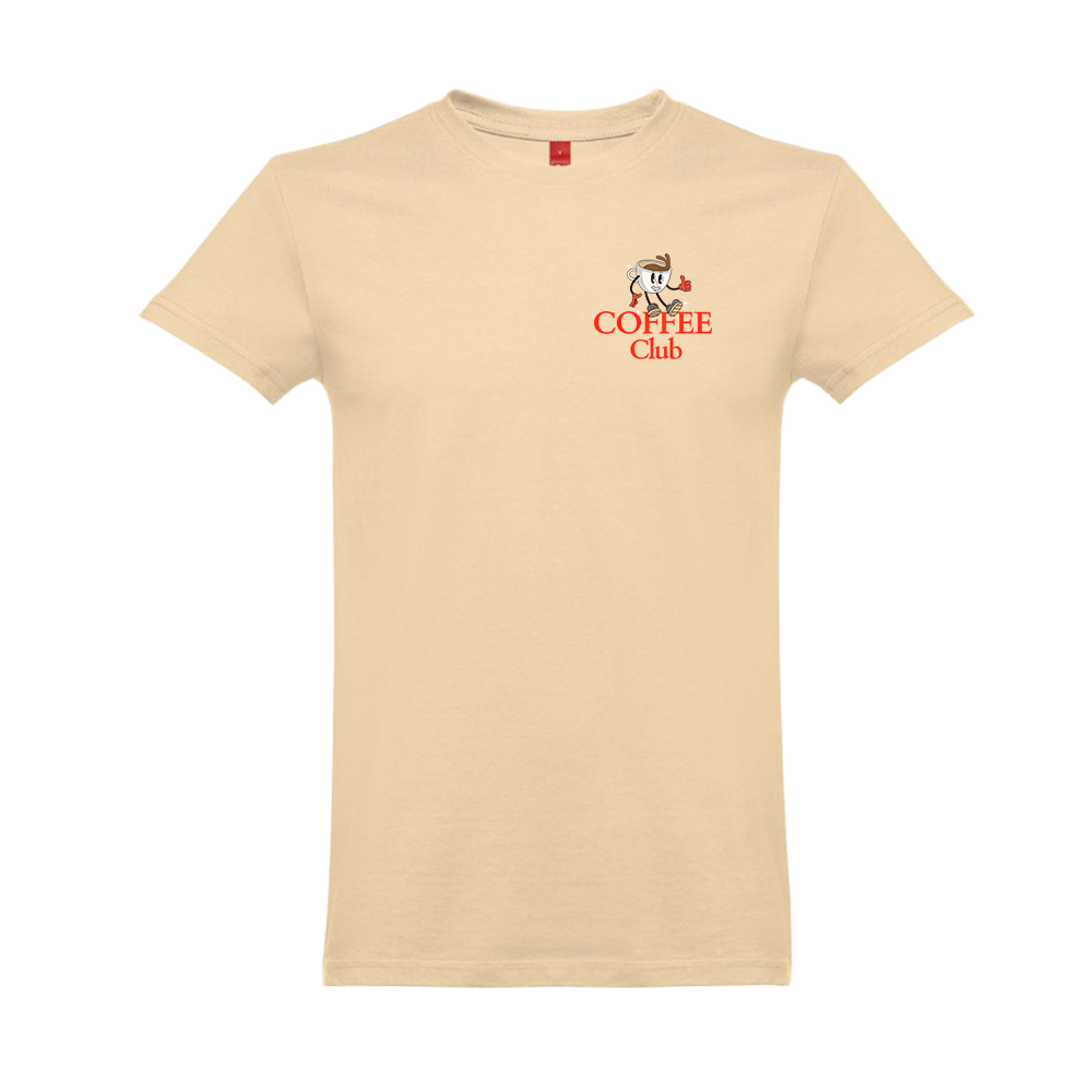 T-shirt creme "coffee club" unissexo 190g, algodão, decote redondo