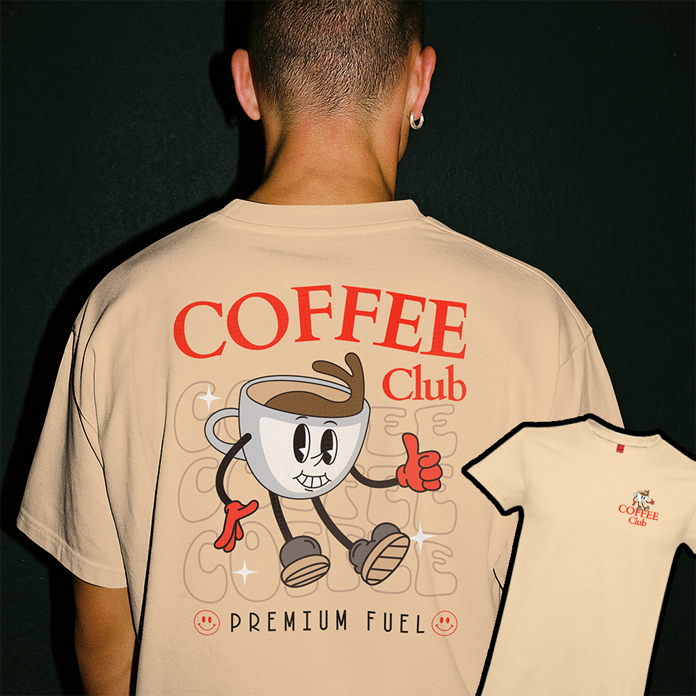 T-shirt creme "coffee club" unissexo 190g, algodão, decote redondo