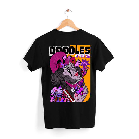 T-shirt preta com ilustração "Doodles in your life" de algodão 190g, impressão em DTF