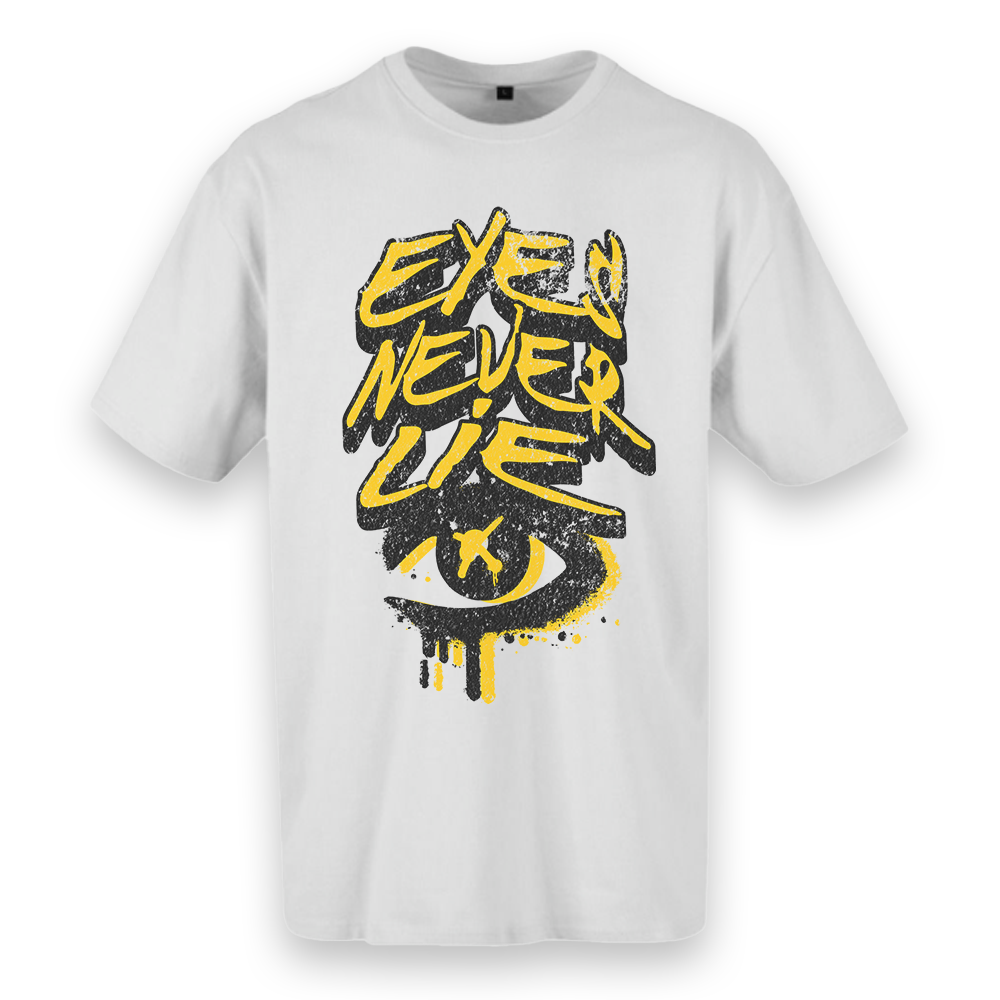 T-shirt regular ou oversize  branca "eyes never lie" 100% algodão