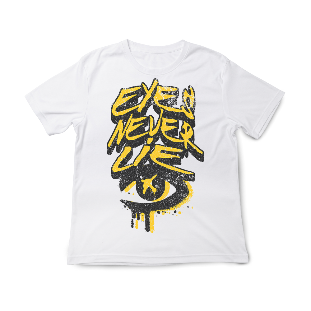 T-shirt regular ou oversize  branca "eyes never lie" 100% algodão