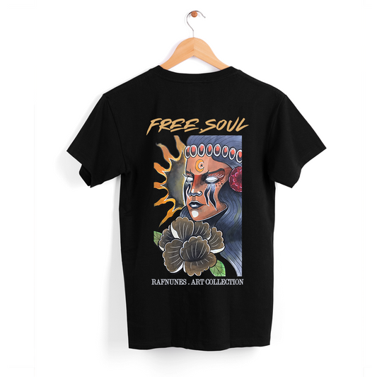 T-shirt preta "free soul" 190 g, 100 % algodão, decote redondo