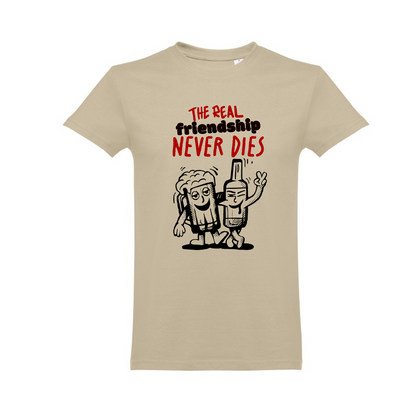 T-shirt creme "friendship never die"" unissexo 190g, algodão, decote redondo