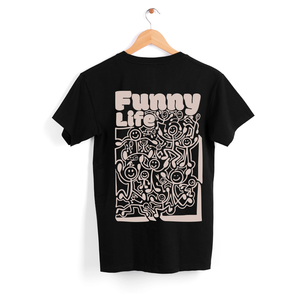 T-shirt preta "Funny life" unissexo 190g, algodão, decote redondo