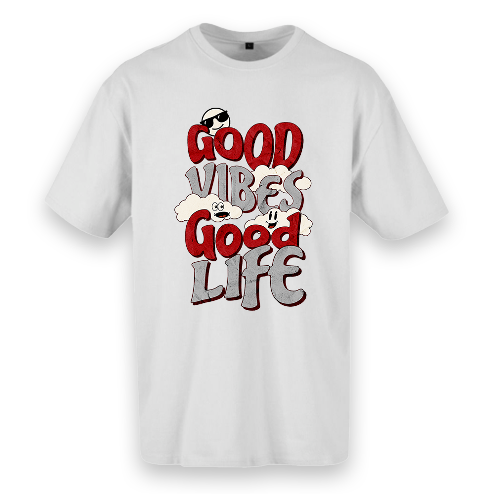 T-shirt regular ou oversize preta ou branca "good vibes, good life" 100% algodão