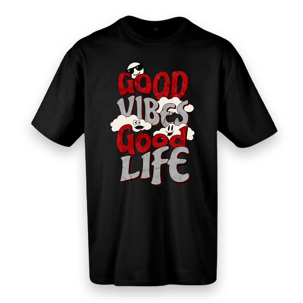 T-shirt regular ou oversize preta ou branca "good vibes, good life" 100% algodão