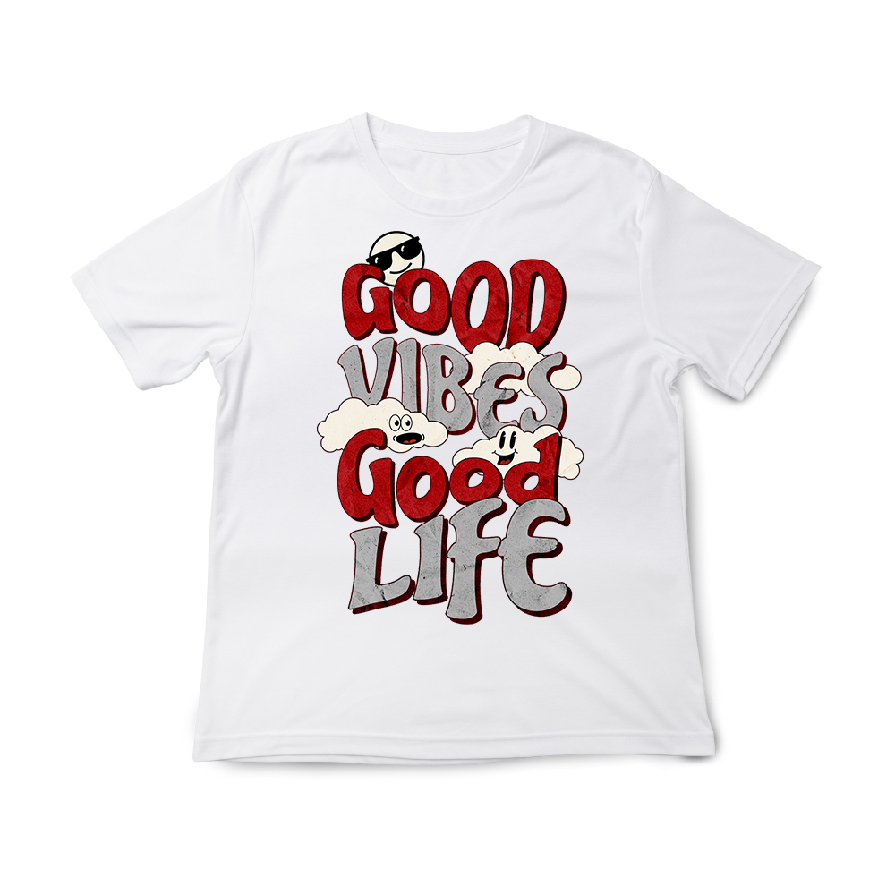 T-shirt regular ou oversize preta ou branca "good vibes, good life" 100% algodão