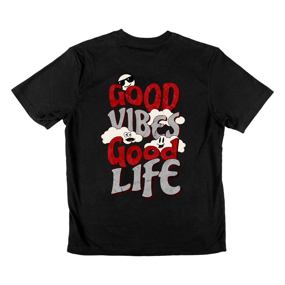 T-shirt regular ou oversize preta ou branca "good vibes, good life" 100% algodão