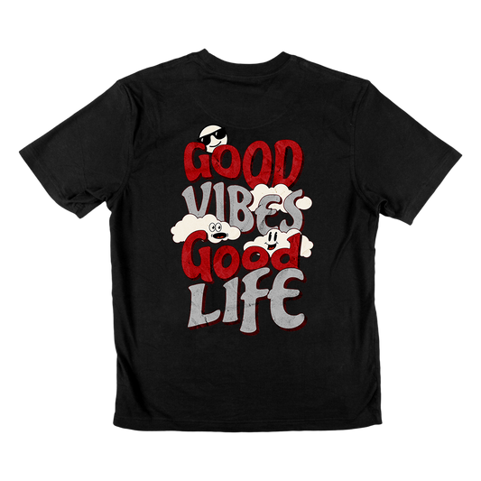 T-shirt regular ou oversize preta ou branca "good vibes, good life" 100% algodão