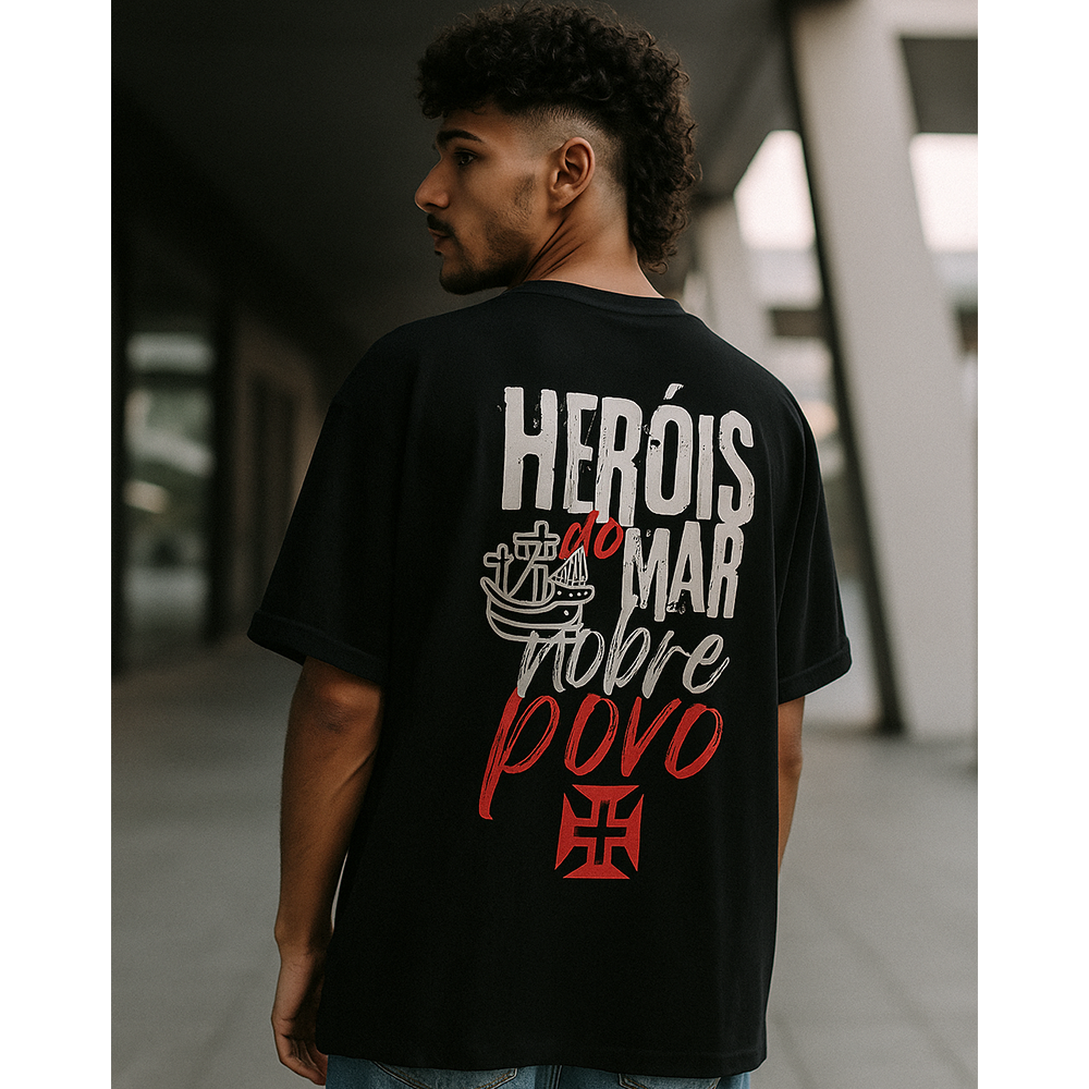 Black oversize t-shirt, Portugal, European2024, "heroes of the sea", cotton, 200g