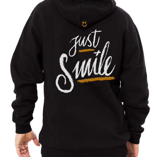 Black "JUST SMILE" hooded sweatshirt, unisex, weight 270-280 g/m²