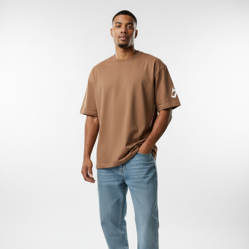 Modelo com t-shirt castanha em fundo limpo