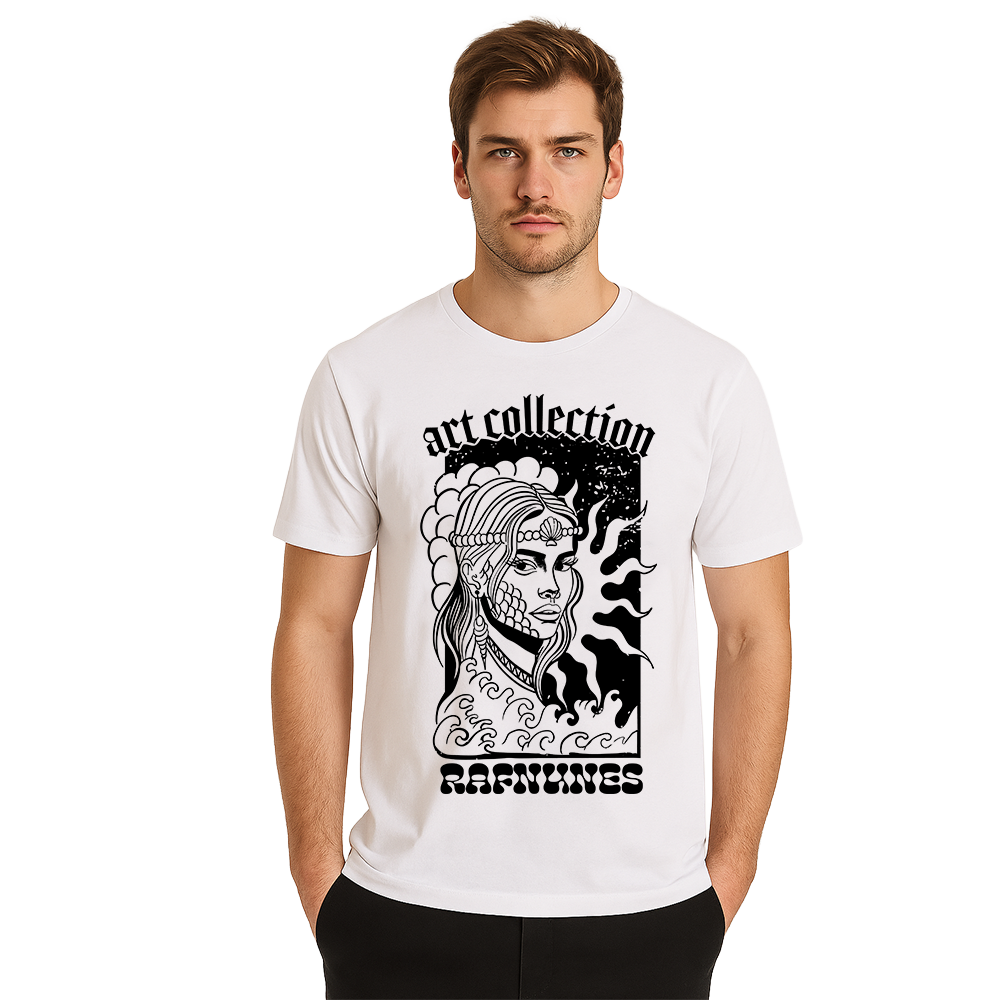 T-shirt regular preta ou branca, "deusa do mar", 100 % algodão, 190g