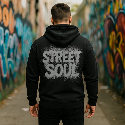 Sweatshirt preta "street soul", Portugal, unissexo com capuz - 320 g/m2, 50% algodão, 50% poliéster