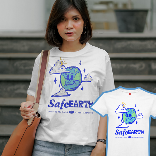 T-shirt branca "save earth" unissexo 190g, algodão, decote redondo