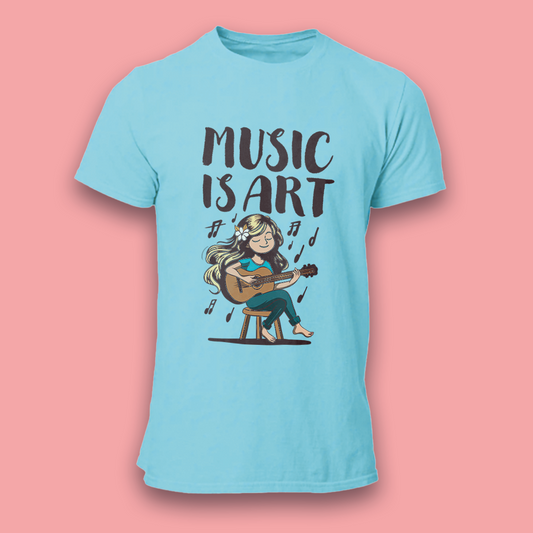 T-shirt cor azul  com ilustração "music is art" de algodão 190g, impressão em DTF