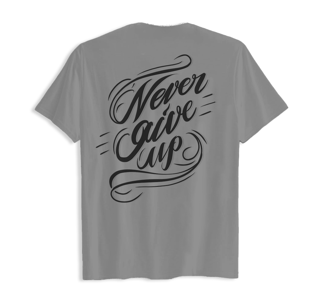 T-shirt preta com ilustração "Never Give Up" de algodão 190g, impressão em DTF