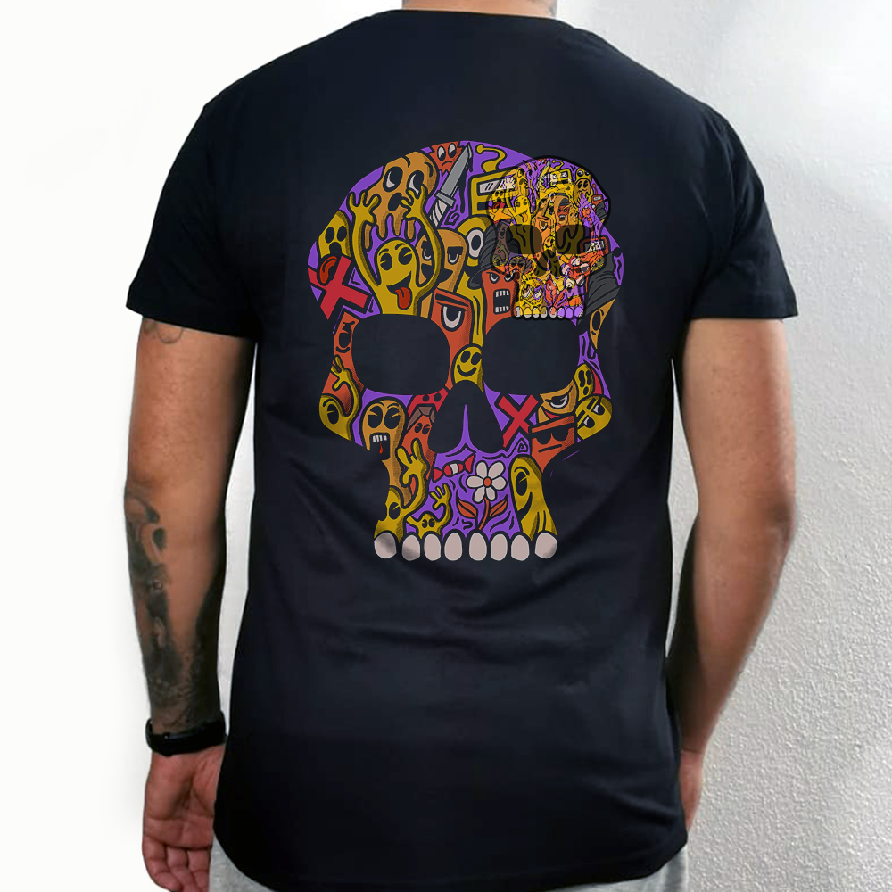 T-shirt preta "skulldoodles" unissexo 190g, algodão, decote redondo