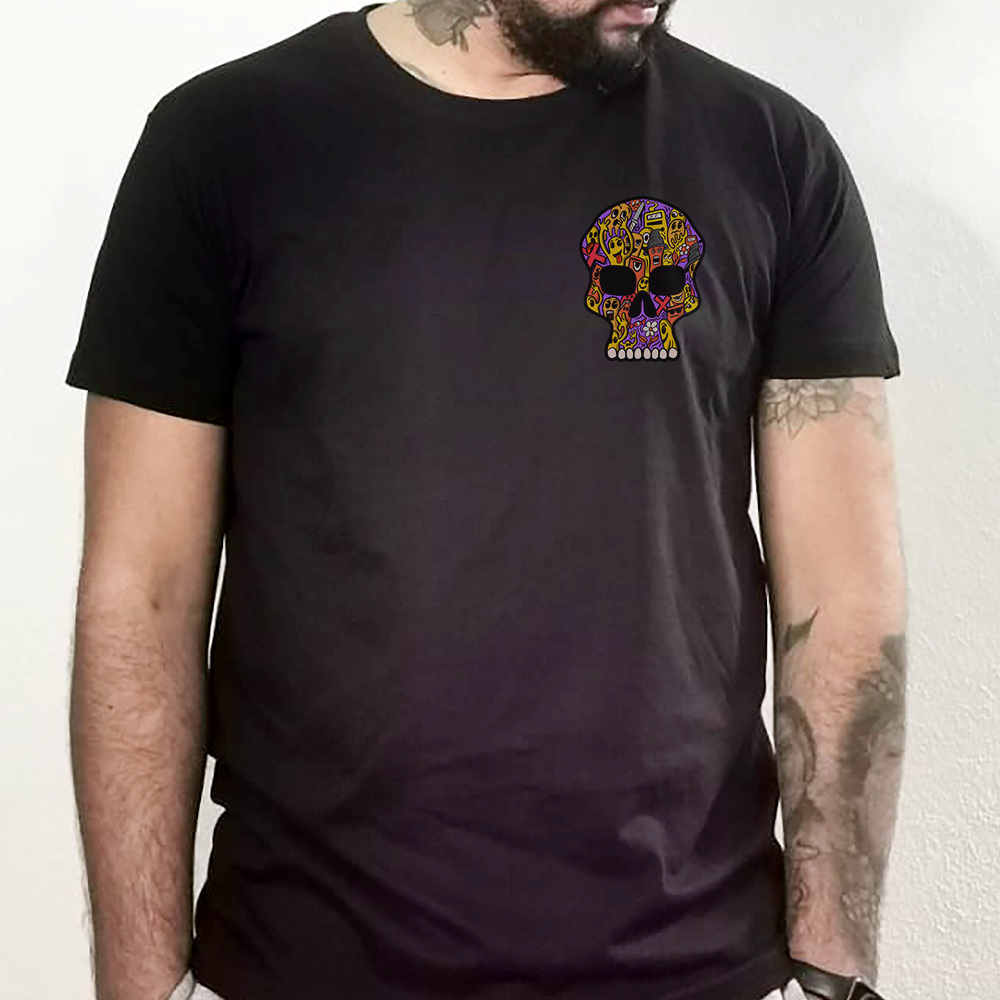 T-shirt preta "skulldoodles" unissexo 190g, algodão, decote redondo