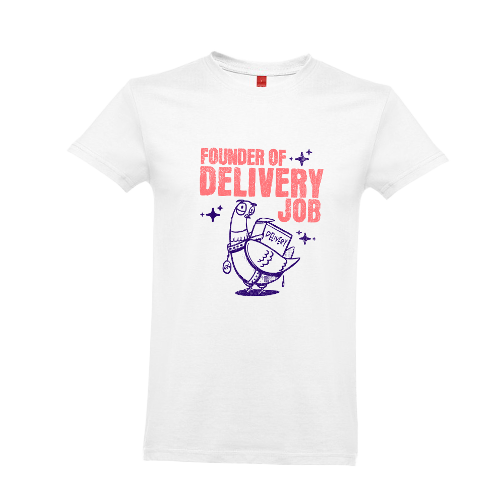 T-shirt branca "delievery job" unissexo 190g, algodão, decote redondo