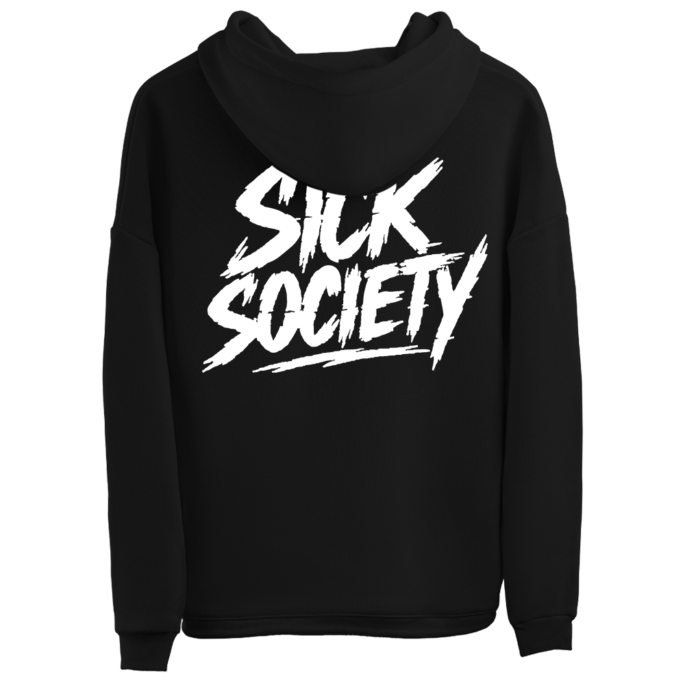 Sweatshirt preta "sick society", Portugal, unissexo com capuz - 320 g/m2, 50% algodão, 50% poliéster