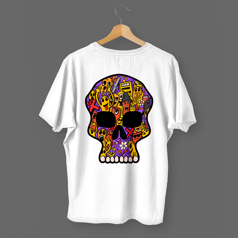 T-shirt preta "skulldoodles" unissexo 190g, algodão, decote redondo