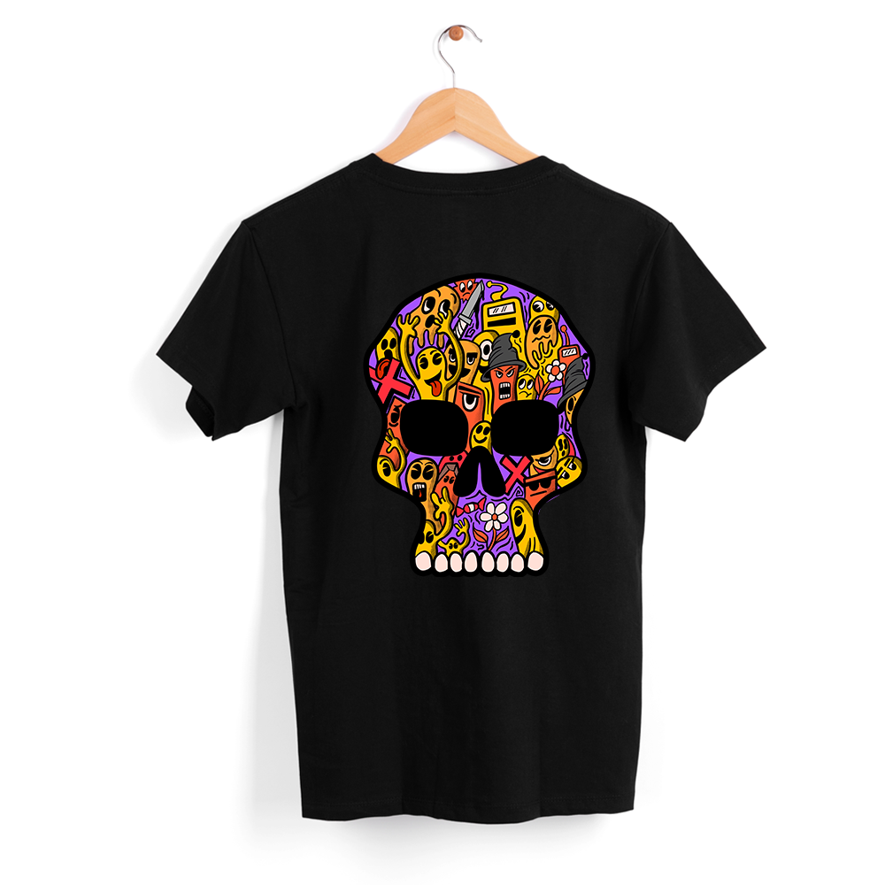 T-shirt preta "skulldoodles" unissexo 190g, algodão, decote redondo