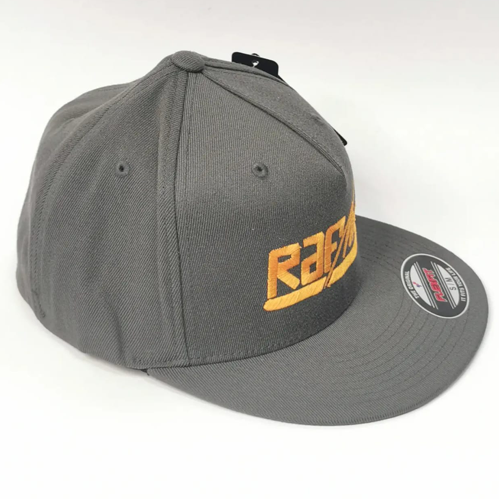 Snapback cap with no back adjustment, gray and gold embroidery, size S/L 