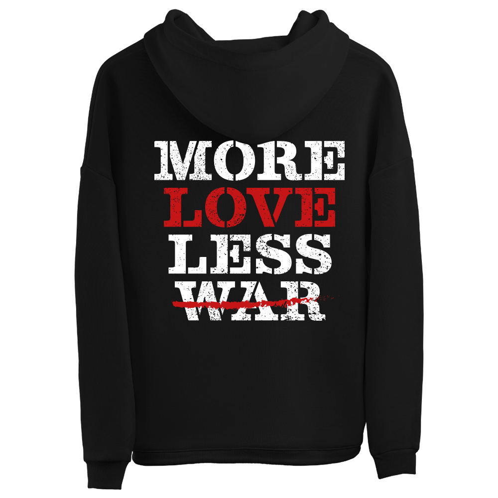 Sweatshirt preta "more love, less war", unissexo com capuz - 320 g/m2, 50% algodão, 50% poliéster
