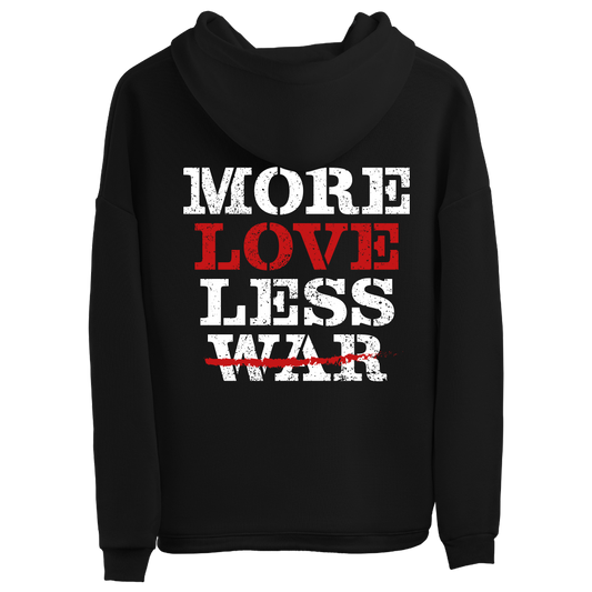 Sweatshirt preta "more love, less war", unissexo com capuz - 320 g/m2, 50% algodão, 50% poliéster