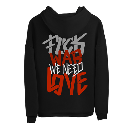 Sweatshirt preta "f*** war, we need love", unissexo com capuz - 320 g/m2, 50% algodão, 50% poliéster