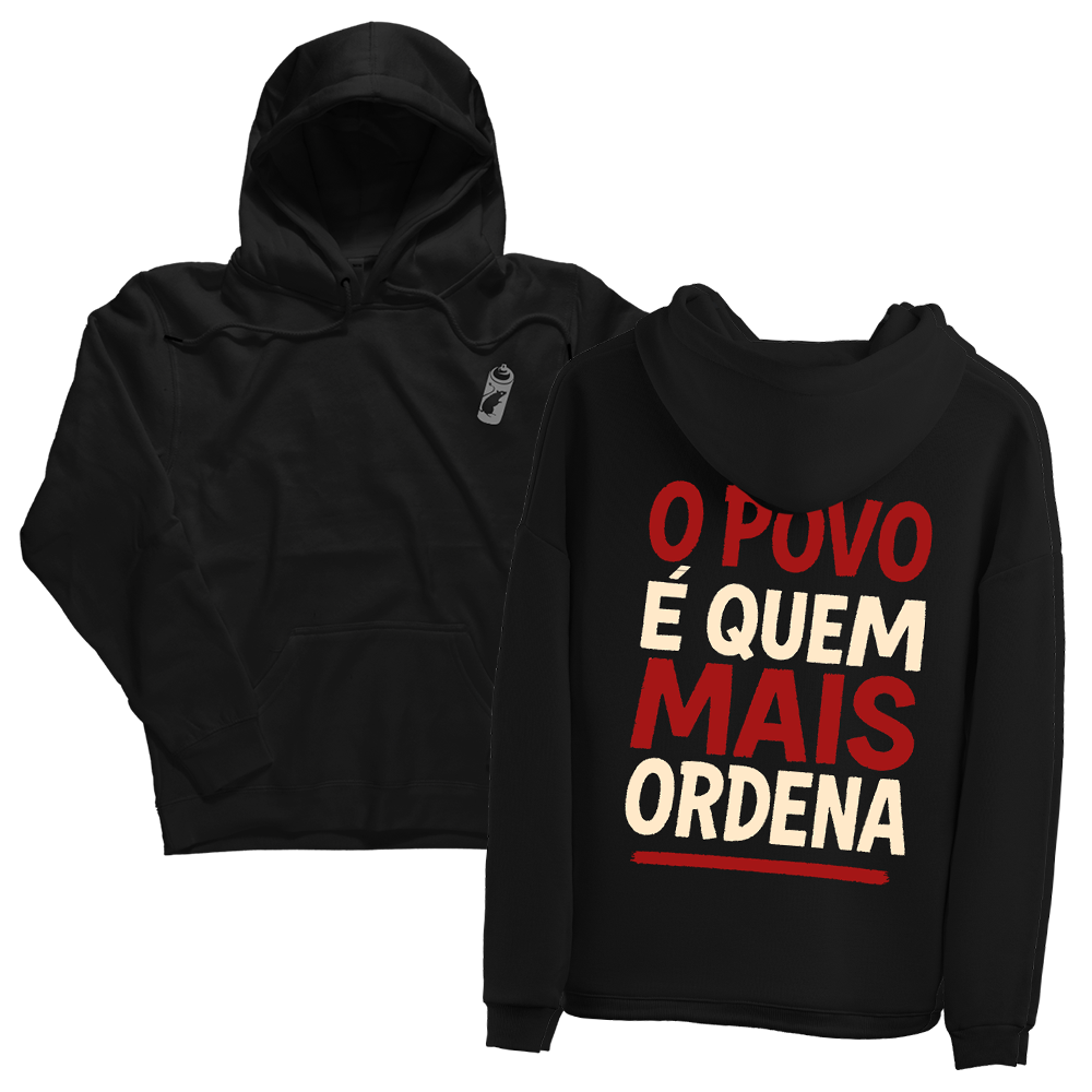 Sweatshirt preta "o povo é quem mais ordena", Portugal, unissexo com capuz - 320 g/m2, 50% algodão, 50% poliéster