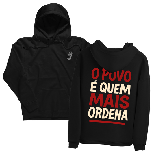 Sweatshirt preta "o povo é quem mais ordena", Portugal, unissexo com capuz - 320 g/m2, 50% algodão, 50% poliéster