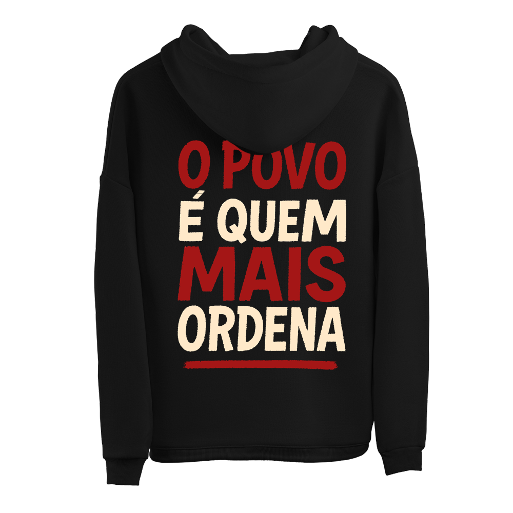 Sweatshirt preta "o povo é quem mais ordena", Portugal, unissexo com capuz - 320 g/m2, 50% algodão, 50% poliéster