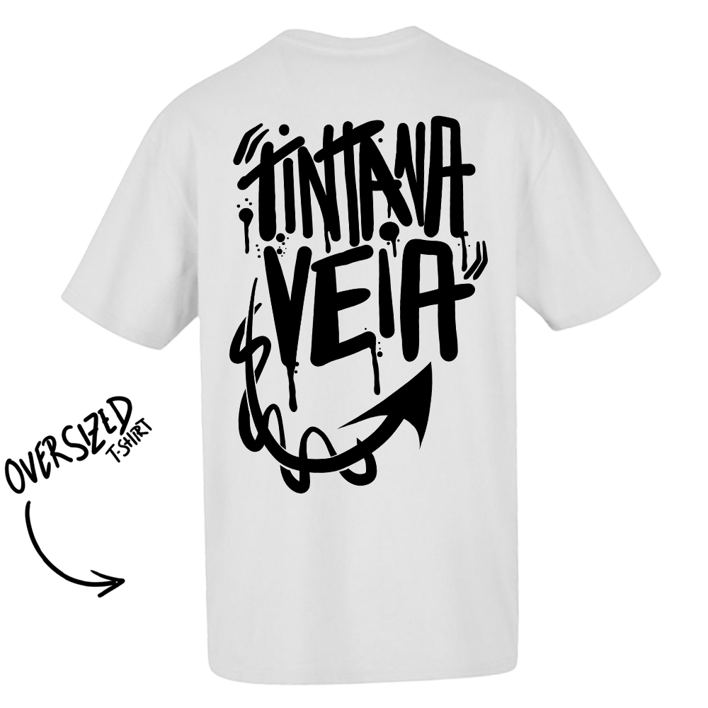 T-shirt oversized branca/preta "tinta na veia" , 200g , 100% algodão