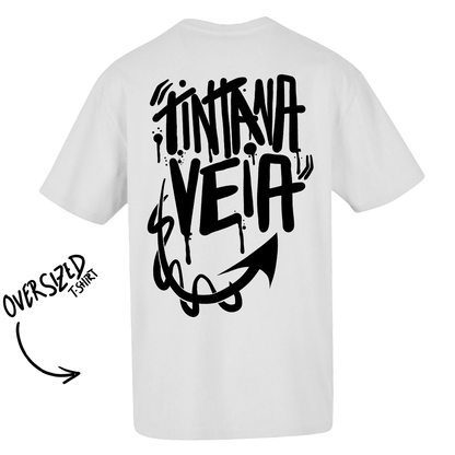 T-shirt oversized branca/preta "tinta na veia" , 200g , 100% algodão