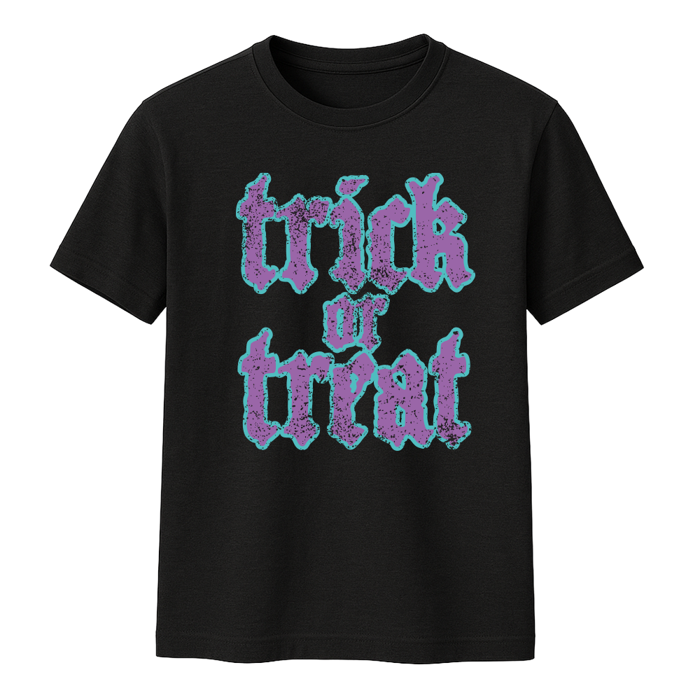 T-shirt preta "trick or treat" unissexo 190g, algodão, decote redondo