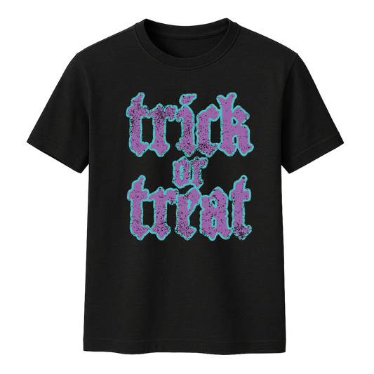 T-shirt preta "trick or treat" unissexo 190g, algodão, decote redondo