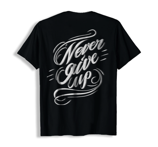 Black t-shirt with "Never Give Up" illustration, 190g cotton, DTF printing