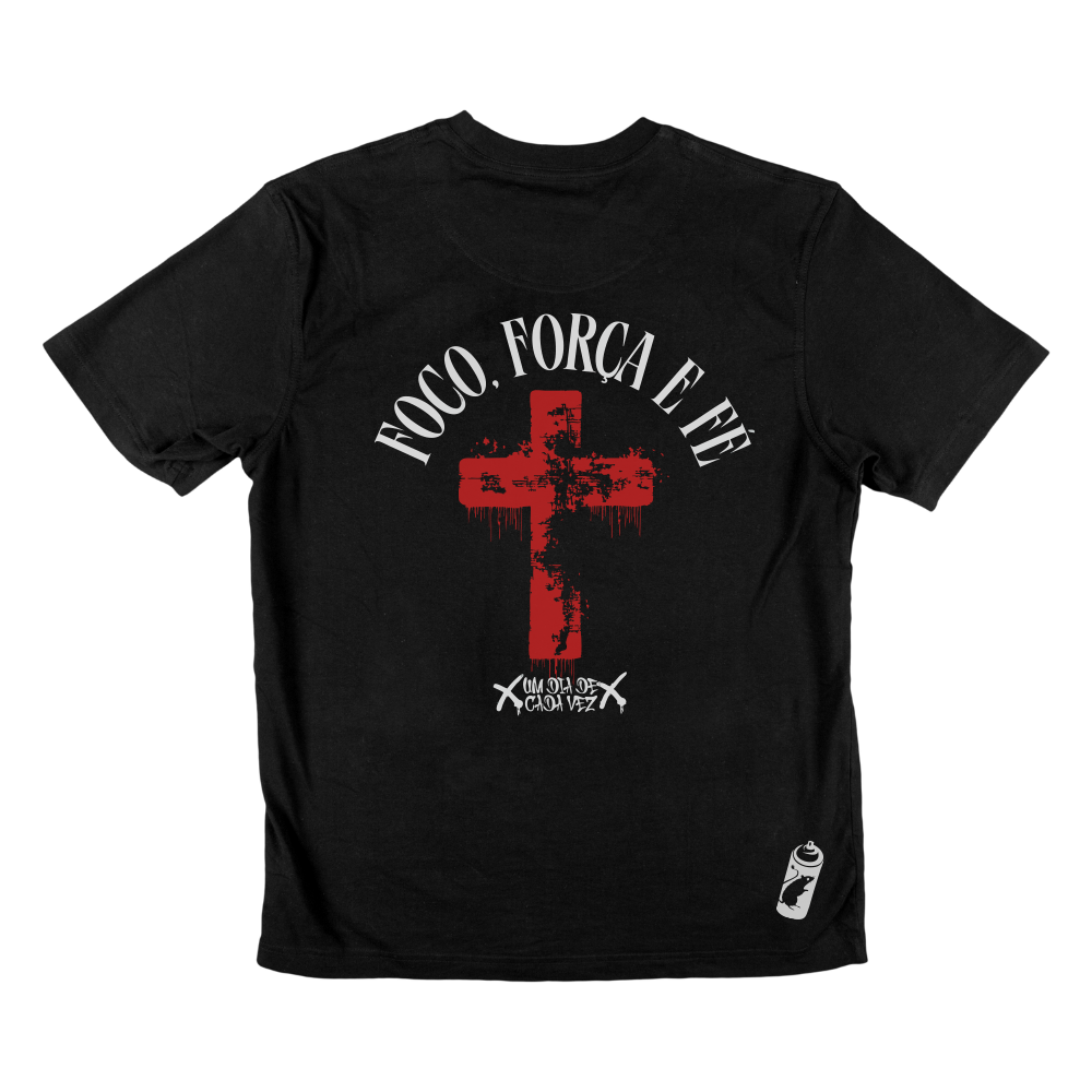 T-shirt regular ou oversize preta ou branca "foco, força e fé" 100% algodão